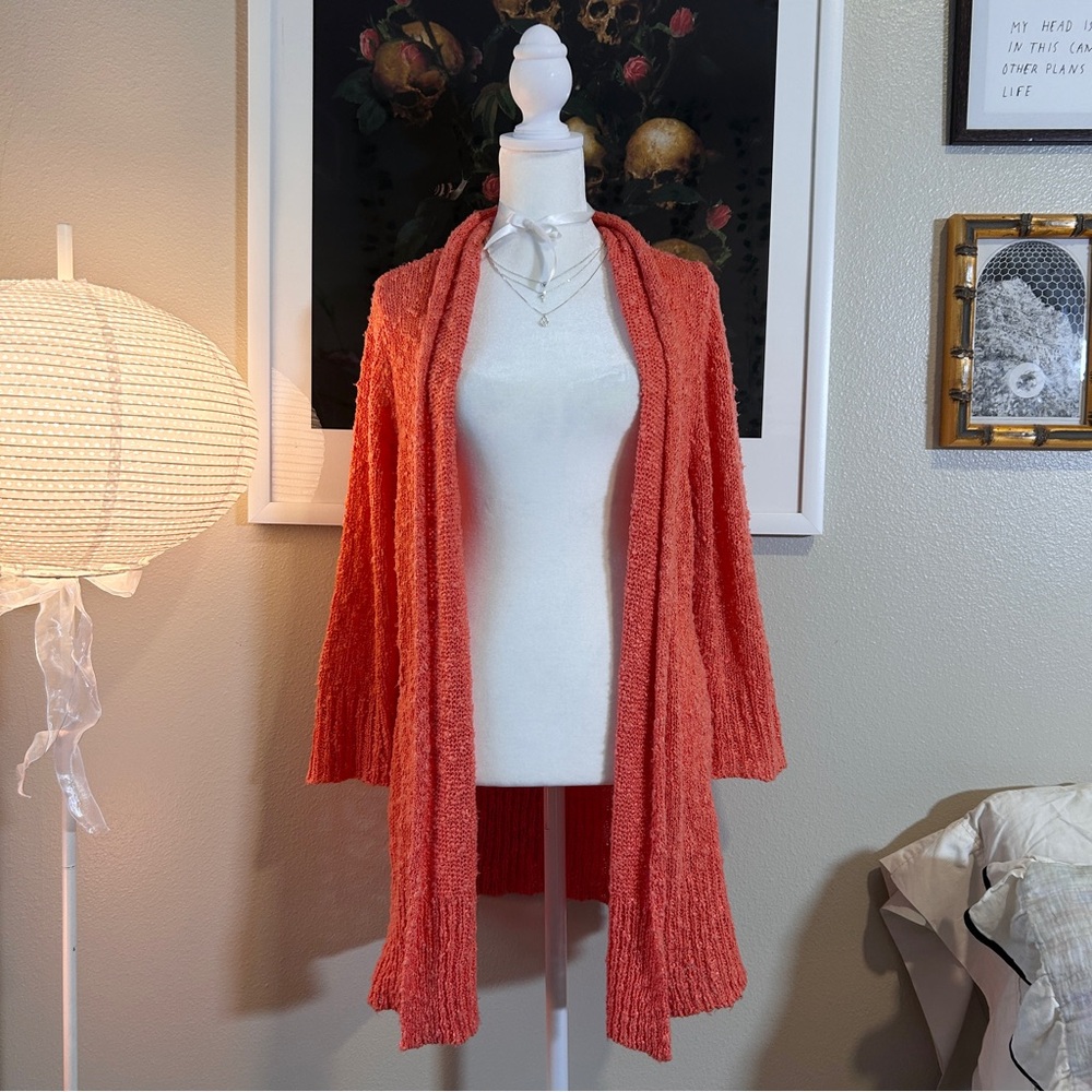 Fever coral fuzzy long open boucle knit cardigan XL